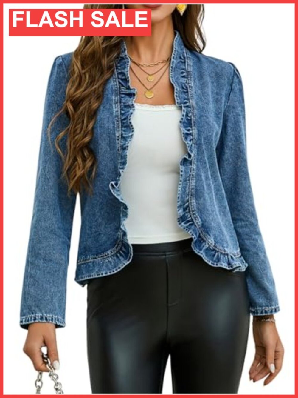 Ruffled Denim Jacket Cropped Open Front Casual Coat